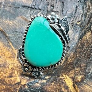 925 Sterling Silver Turquoise Butterfly Ring • Floral Detail • Size 8